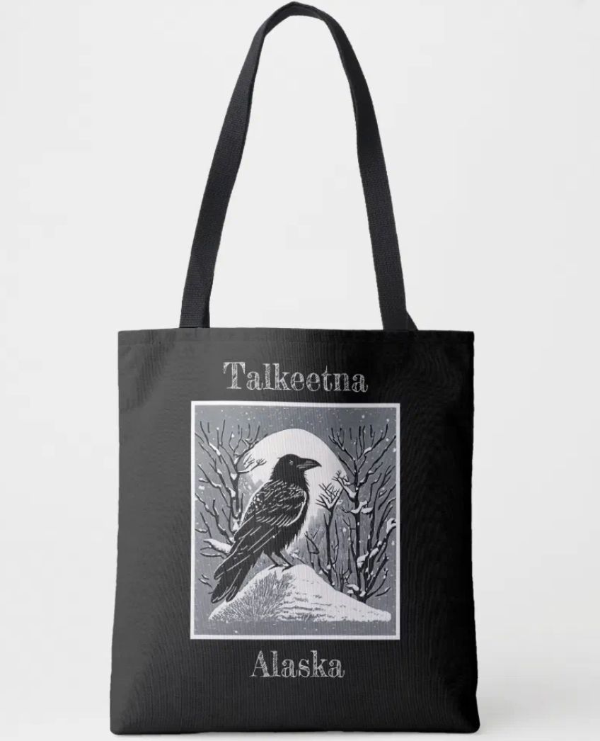 talkeetna alaska raven tote bag